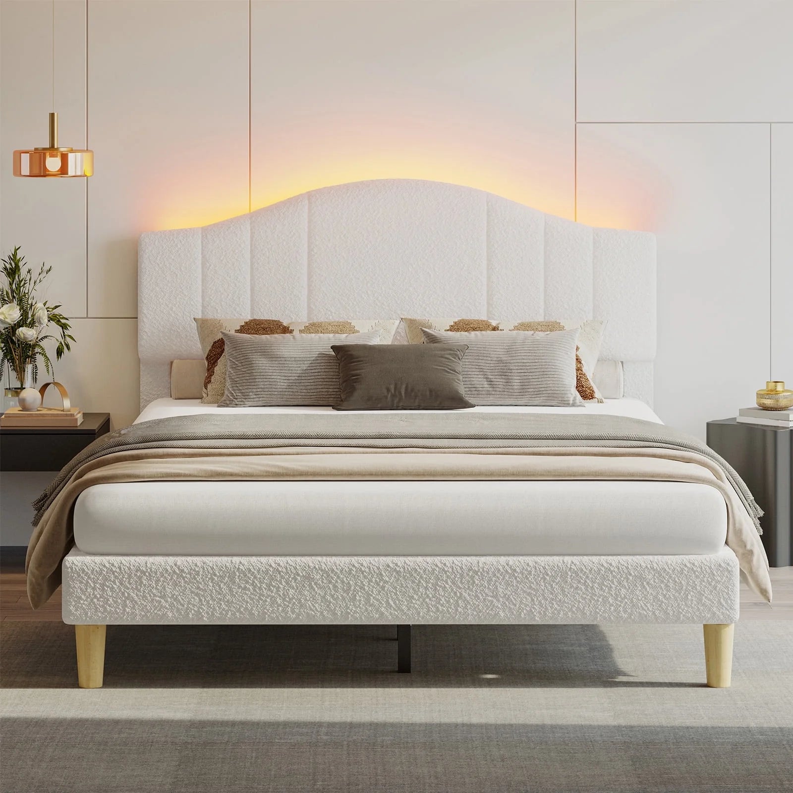 Queen Upholstered Bed Frame with Adjustable Arc-Shaped Headboard, LED Platform Bed, Teddy Velvet White