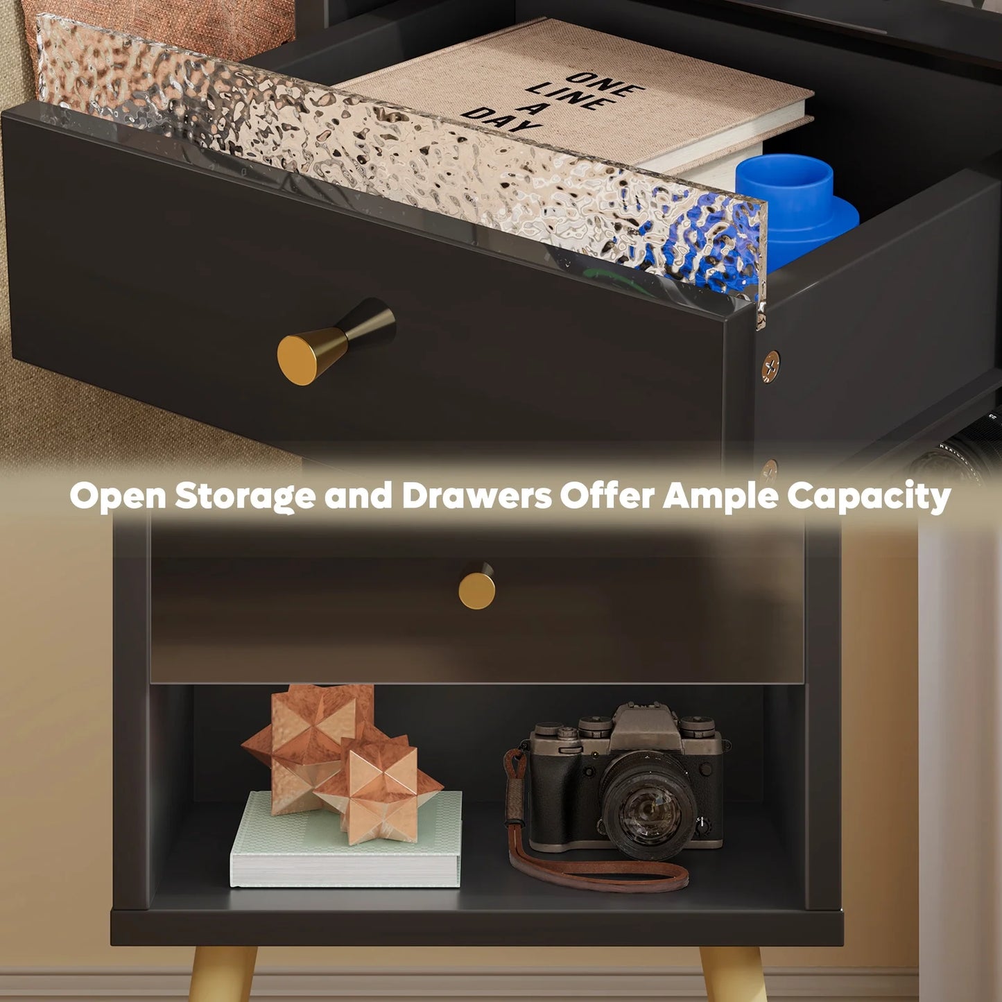 LED Nightstand with Charging Station, Modern End Side Table with Drawer and Open Storage for Bedroom, Black