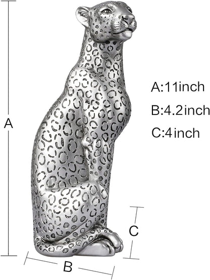 Silver Cheetah 11" H Statue, Cheetah Figurine Sitting Home Decor Realistic Antique Classical Leopard Resin Animal Ornament Statues Living Room Decor Ornament Figurine