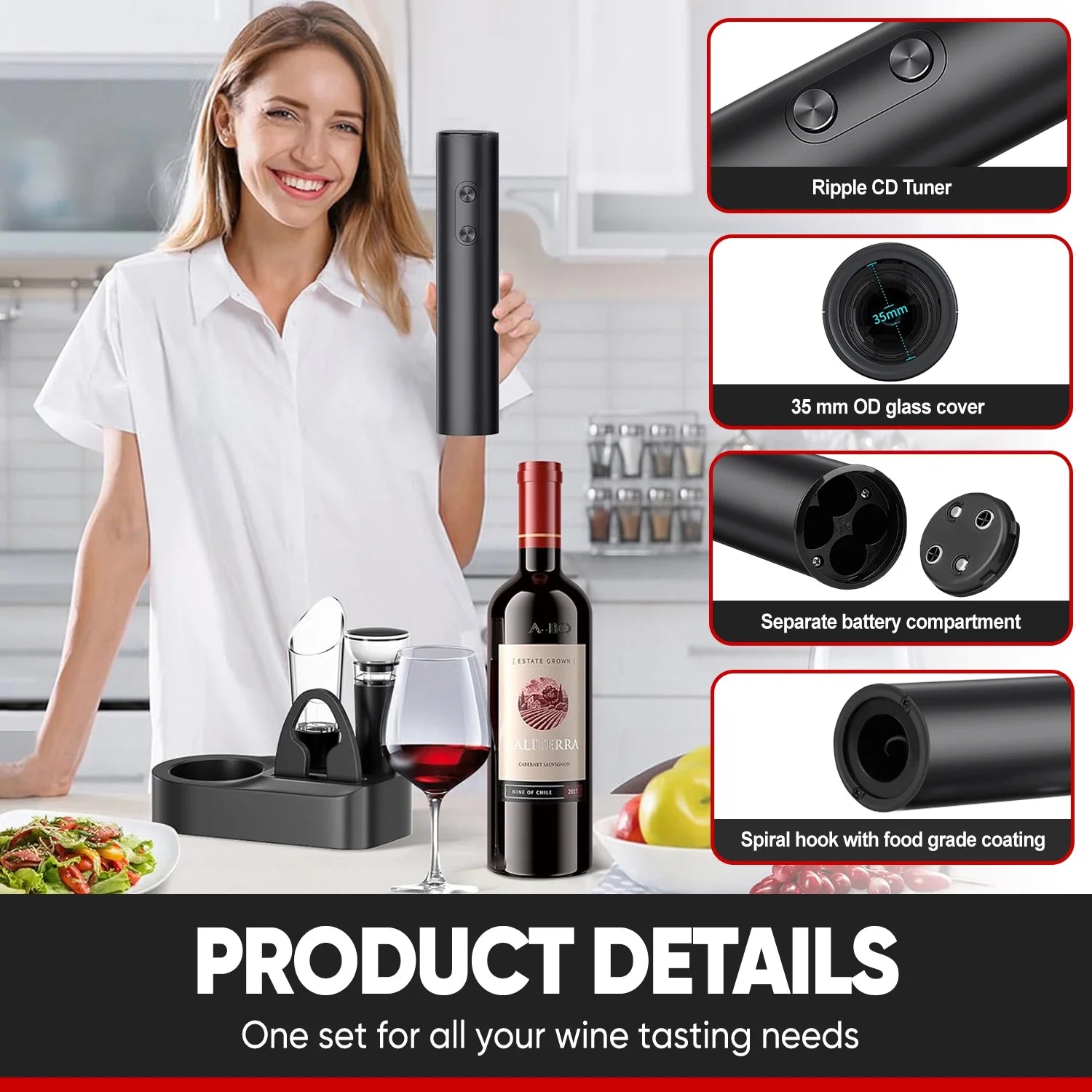 Electric Wine Opener 5-In-1,Automatic Battery Operated Bottle Corkscrew Set with Base, Foil Cutter,Pour,Vacuum Stopper,Cordless, Black