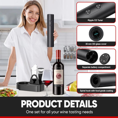 Electric Wine Opener 5-In-1,Automatic Battery Operated Bottle Corkscrew Set with Base, Foil Cutter,Pour,Vacuum Stopper,Cordless, Black