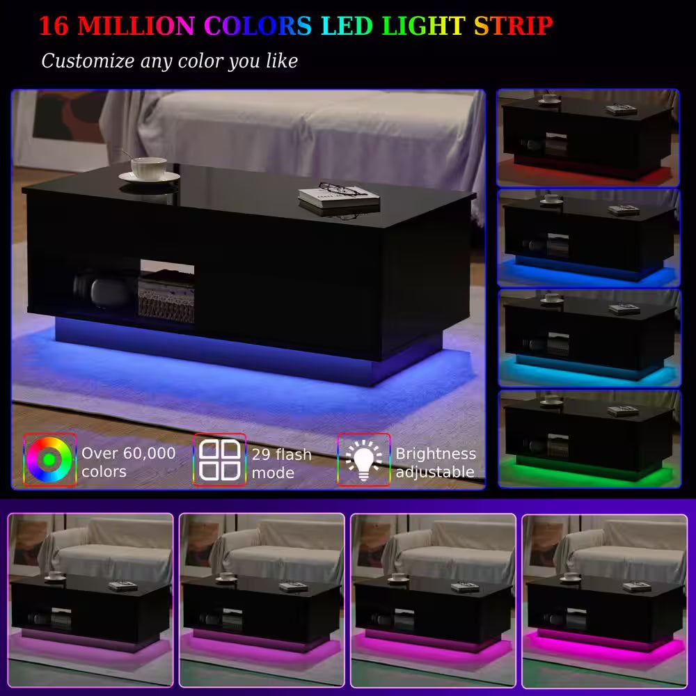 40.16 In. Black Rectangle Particle Board Lift Top Coffee Table with RGB LED Light and Hidden Compartment