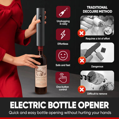 Electric Wine Opener 5-In-1,Automatic Battery Operated Bottle Corkscrew Set with Base, Foil Cutter,Pour,Vacuum Stopper,Cordless, Black