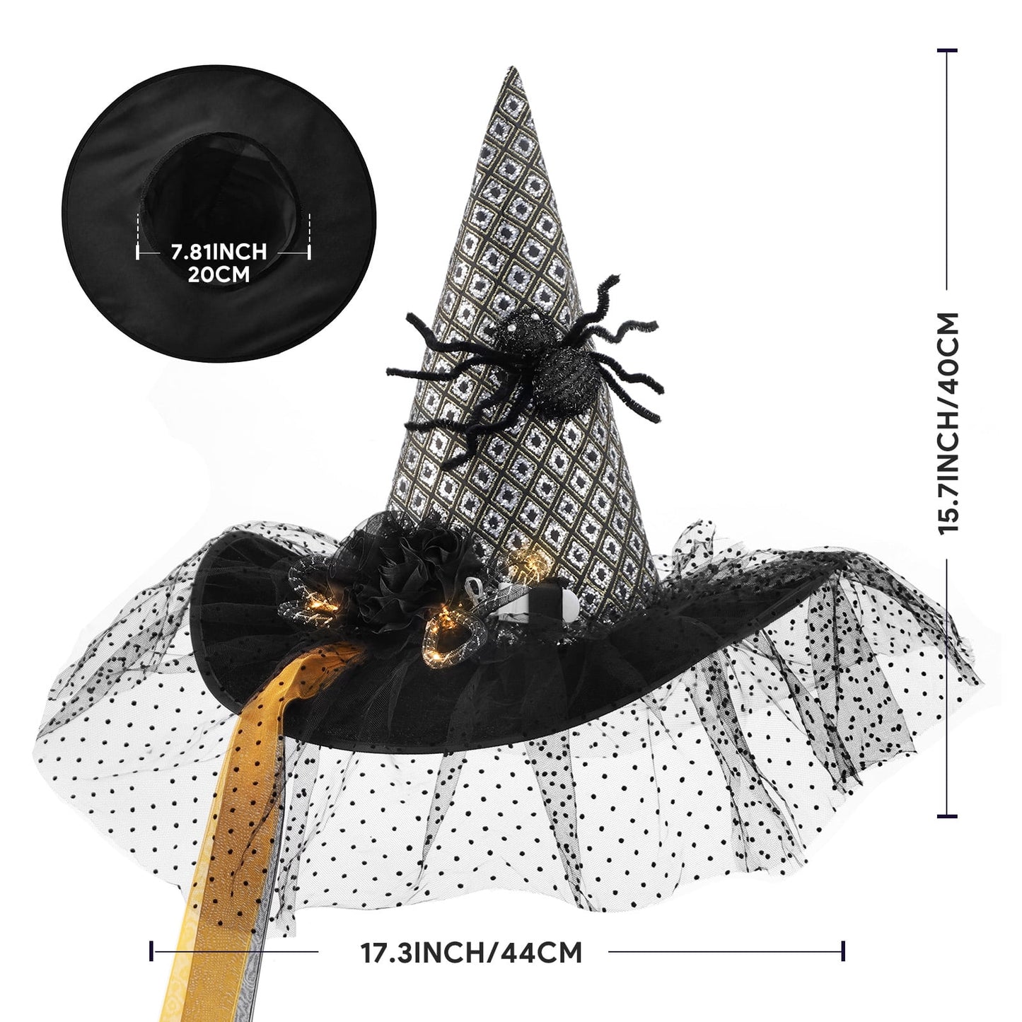 Halloween Witch Hats for Women with Lamp Cosplay Party Halloween Costume Accessory Black