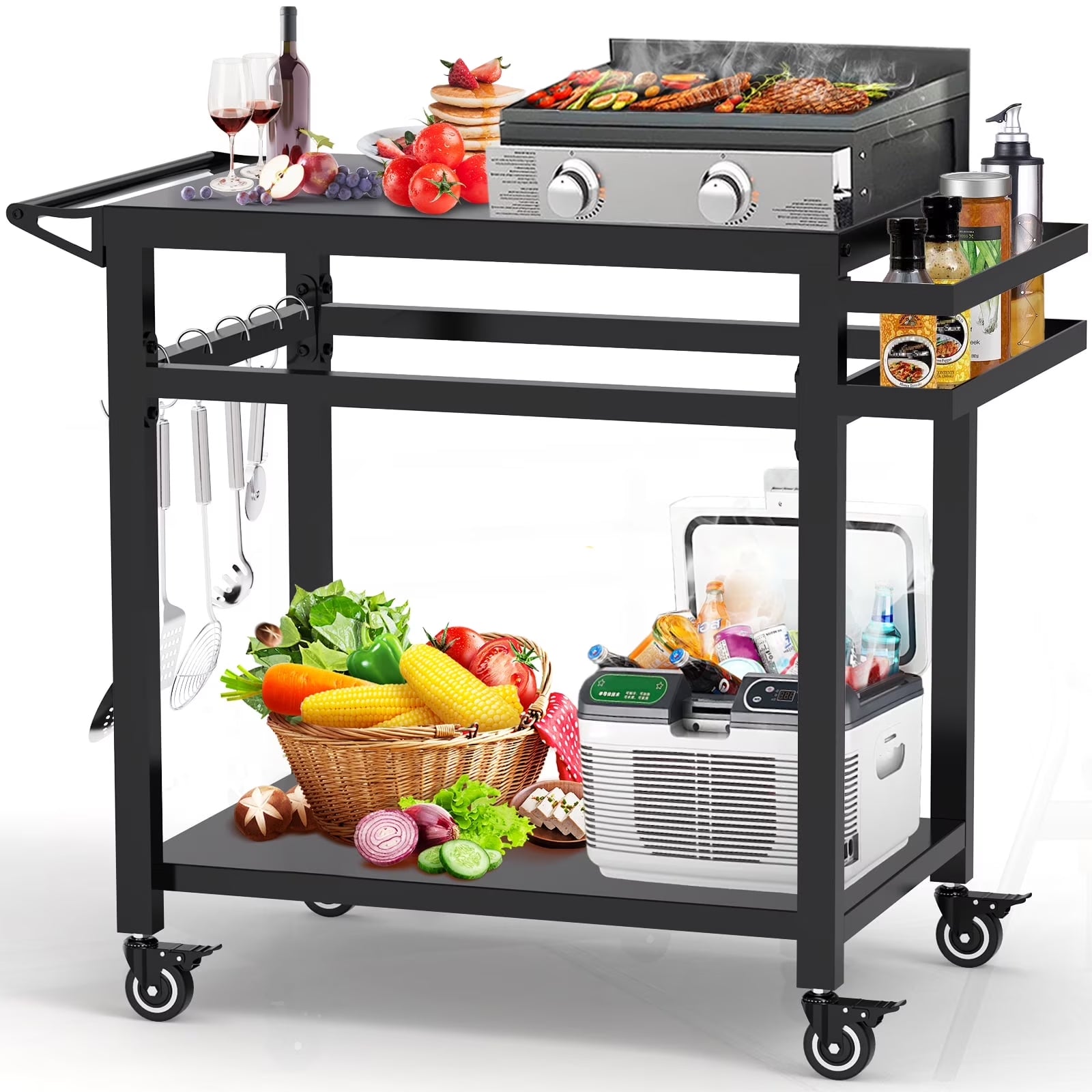Movable Grill Table, Double-Shelf Outdoor BBQ Grill Cart, Rolling Kitchen Dining Cart, Black