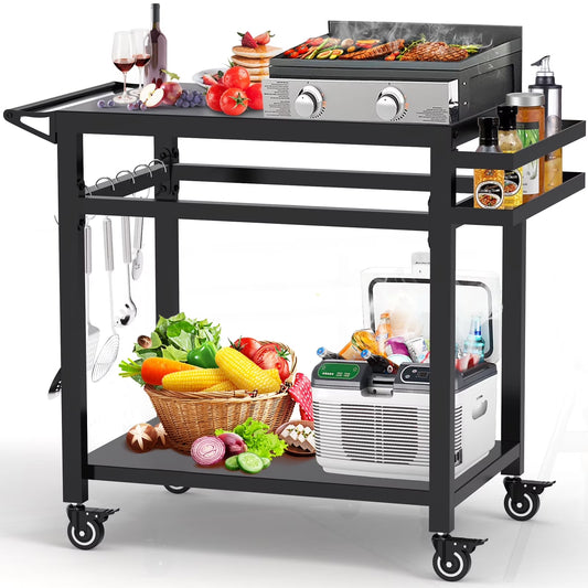 Movable Grill Table, Double-Shelf Outdoor BBQ Grill Cart, Rolling Kitchen Dining Cart, Black