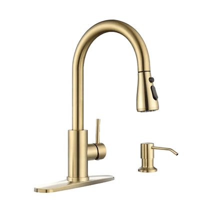 Brushed Gold 2 Hole Kitchen Faucet with Pull down 3 Modes Sprayer, Champagne Gold Kitchen Sink Faucet, High Arch Faucet Kitchen for 1 or 2 Hole Sink, Gold Kitchen Faucet with Soap Dispenser
