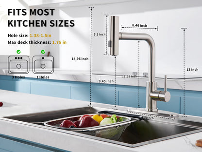 Kitchen Faucet, Waterfall Kitchen Faucet with Pull down Sprayer, 3 Modes Sprayer Kitchen Sink Faucet Single Lever Handle Faucet for Kitchen Sink, Brushed Nickel