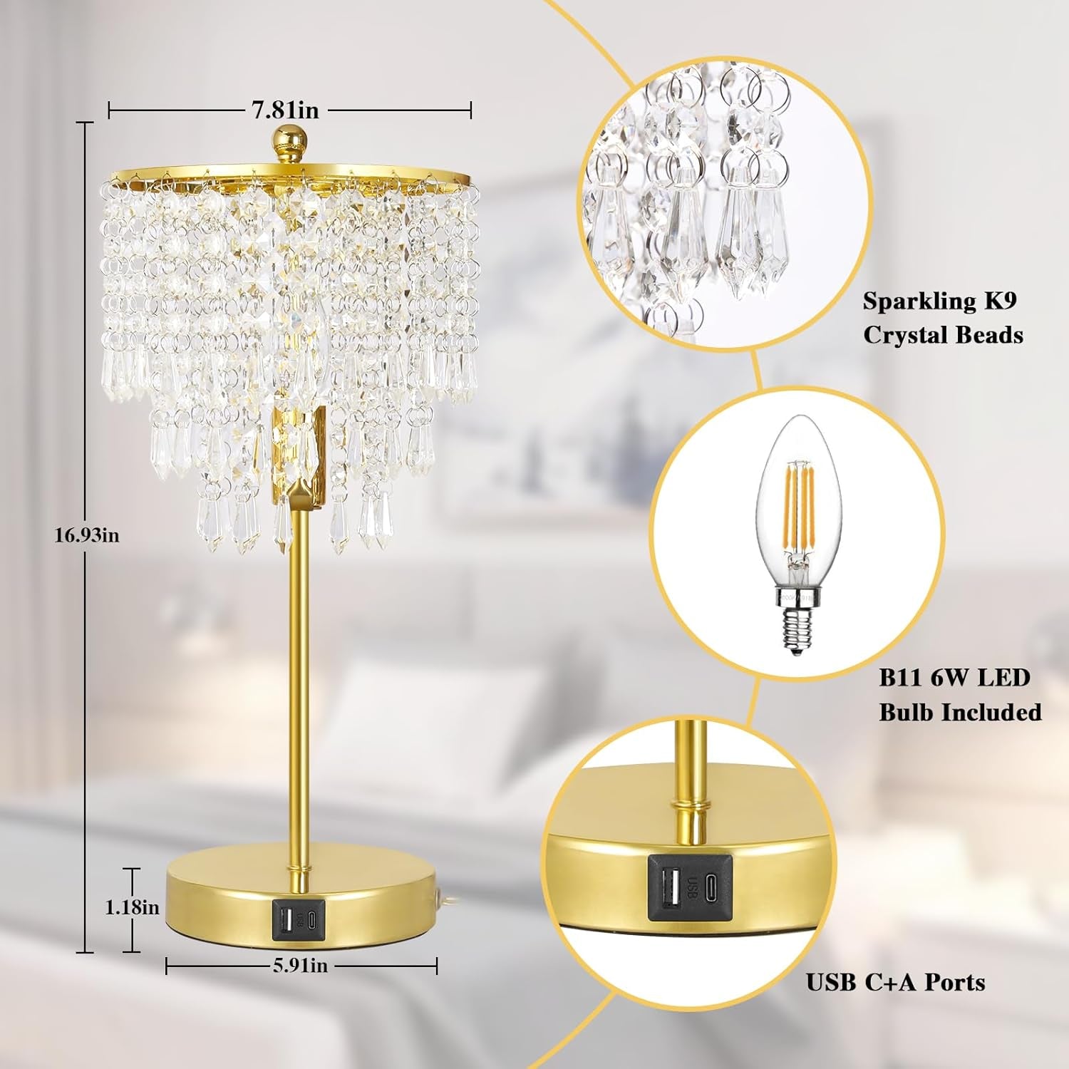 Touch Control Crystal Table Lamp with USB C+A Ports, 3-Way Dimmable Gold Lamp, Bedside Light with Crystal Shade, Girls Lamp for Bedroom, Living Room, Teens Room, Dresser, 6W LED Bulb Included