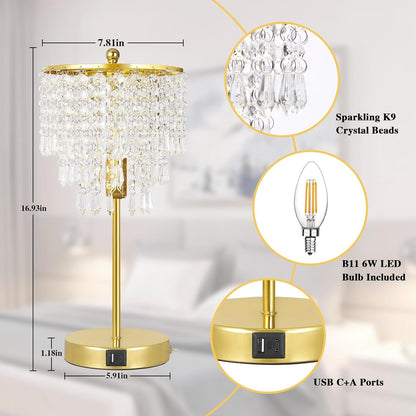 Touch Control Crystal Table Lamp with USB C+A Ports, 3-Way Dimmable Gold Lamp, Bedside Light with Crystal Shade, Girls Lamp for Bedroom, Living Room, Teens Room, Dresser, 6W LED Bulb Included