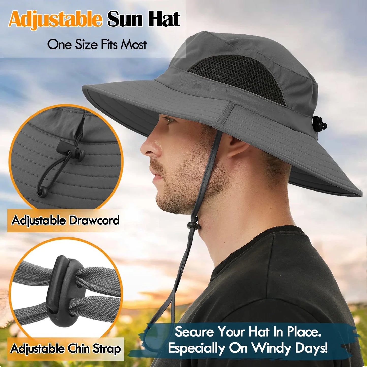 Waterproof Sun UPF 50+ Bucket Hat for Men Women,  UV Protection Packable Brimmed Boonie for Fishing Hiking Outdoor Cap - Black