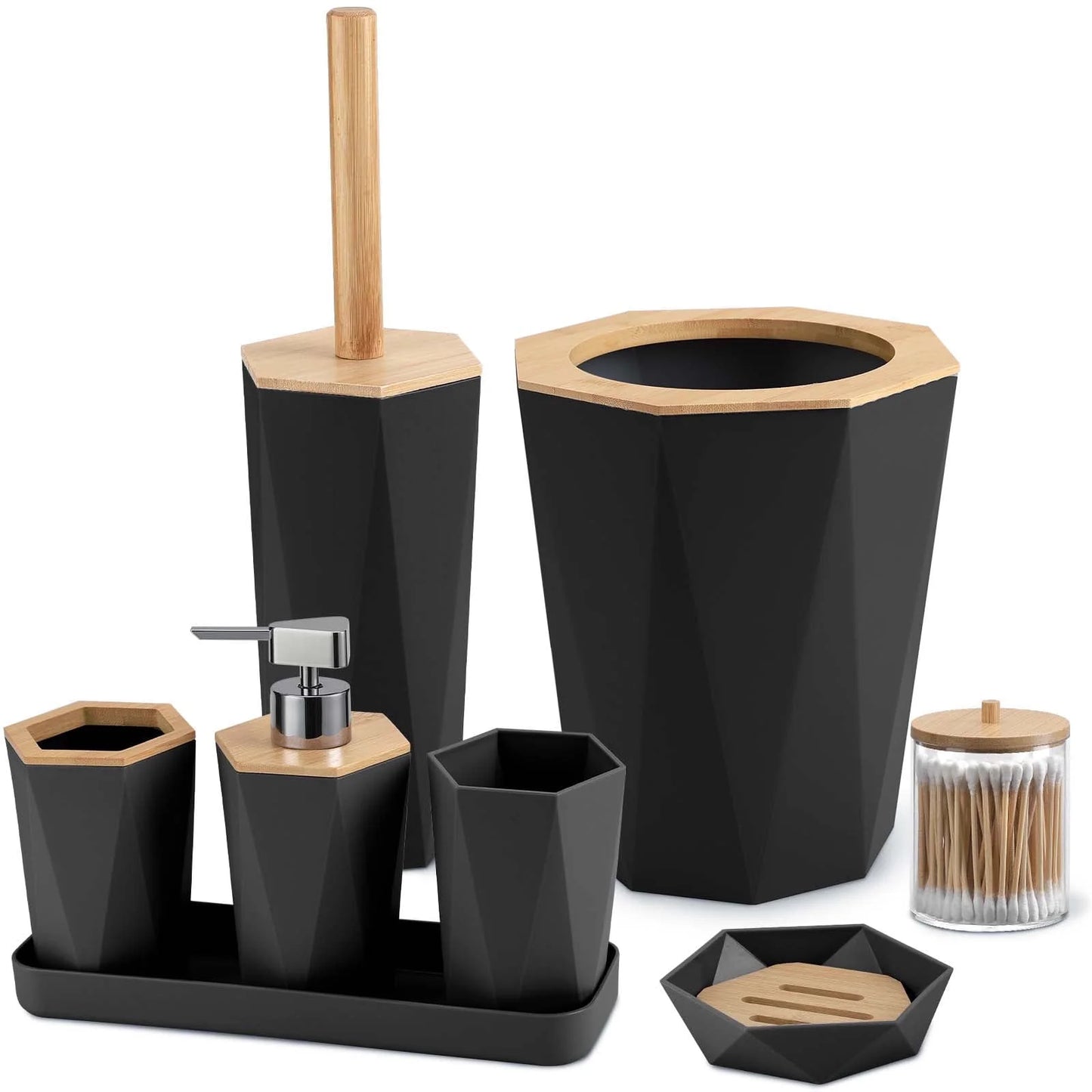 8Pcs Black Bathroom Accessories Set, Bamboo & Plastic, Ideal for Small Spaces