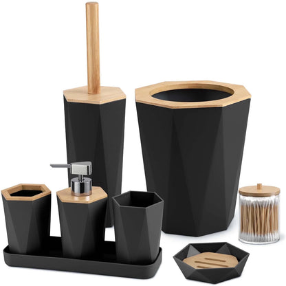 8Pcs Black Bathroom Accessories Set, Bamboo & Plastic, Ideal for Small Spaces
