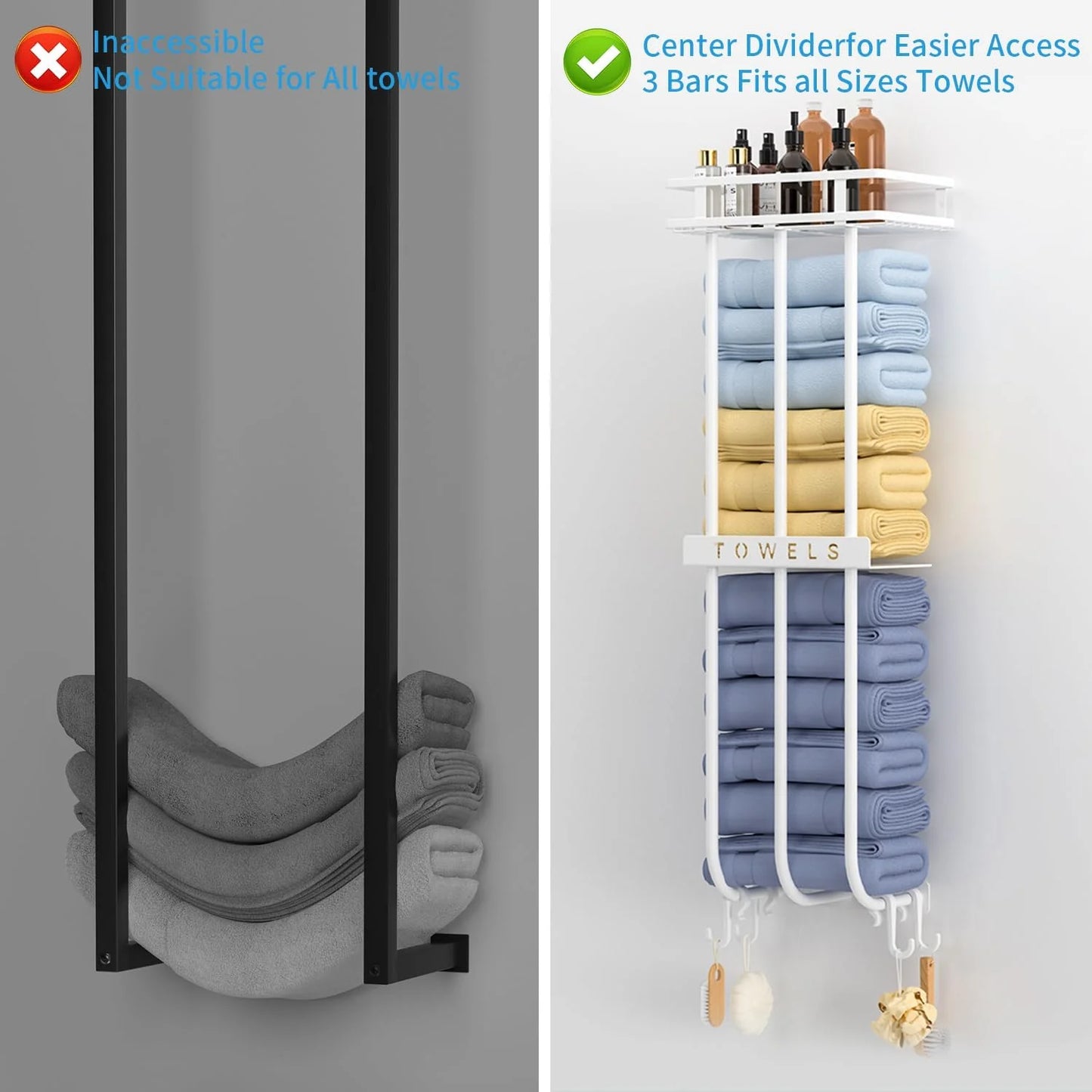 Wall Towel Rack for Rolled Towels, New Upgrade Towel Racks for Bathroom Wall Mounted, Bathroom Bar Towel Storage, Metal Bath Towel Holder for Bathroom Wall Mounted, White