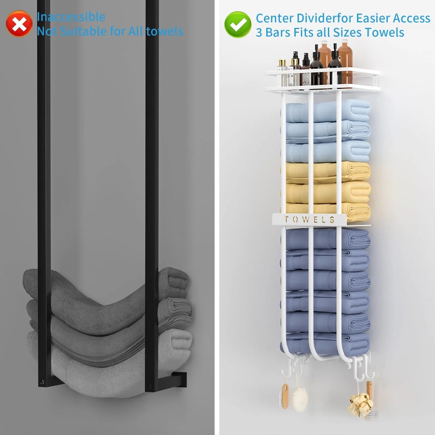 Wall Towel Rack for Rolled Towels, New Upgrade Towel Racks for Bathroom Wall Mounted, Bathroom Bar Towel Storage, Metal Bath Towel Holder for Bathroom Wall Mounted, White