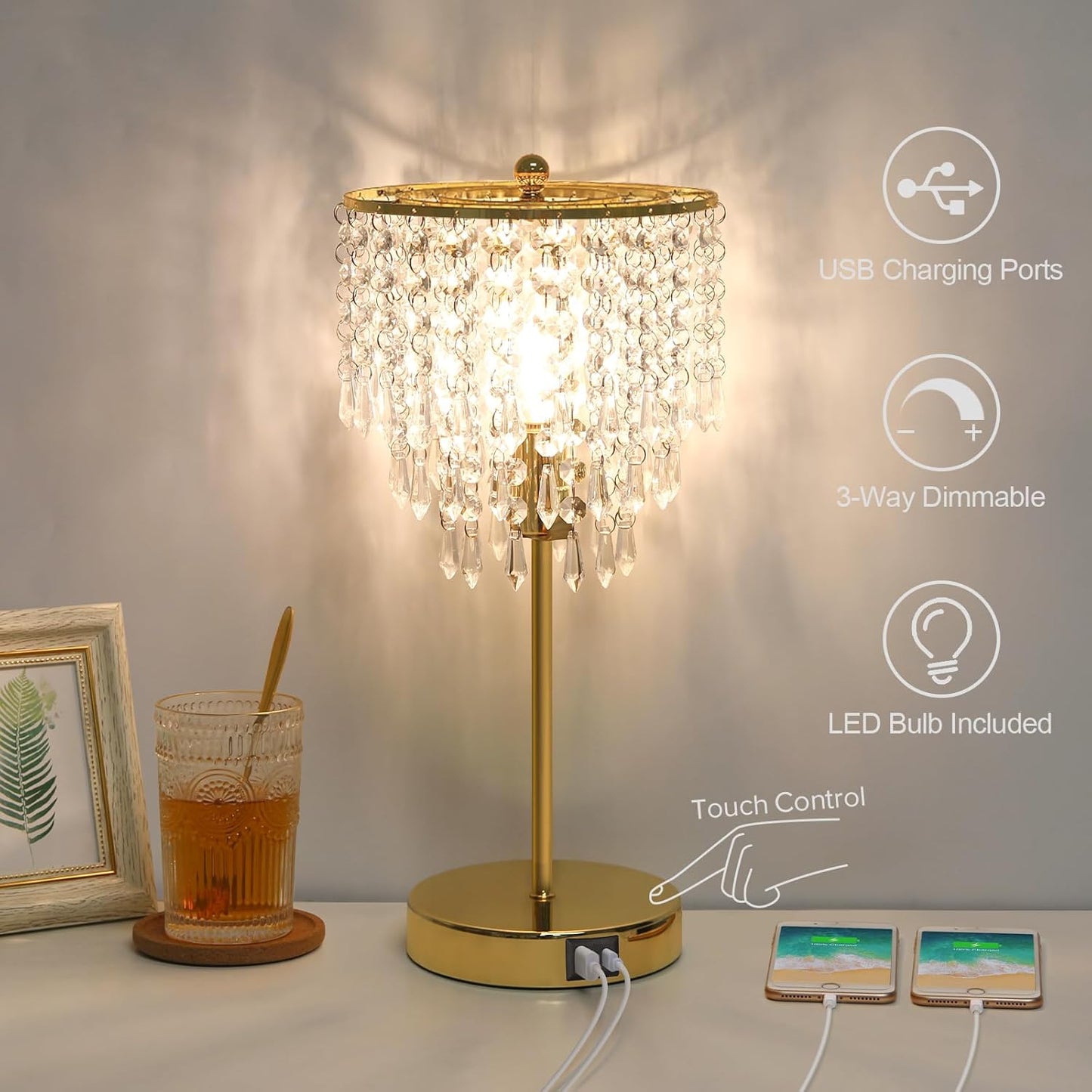 Touch Control Crystal Table Lamp with USB C+A Ports, 3-Way Dimmable Gold Lamp, Bedside Light with Crystal Shade, Girls Lamp for Bedroom, Living Room, Teens Room, Dresser, 6W LED Bulb Included