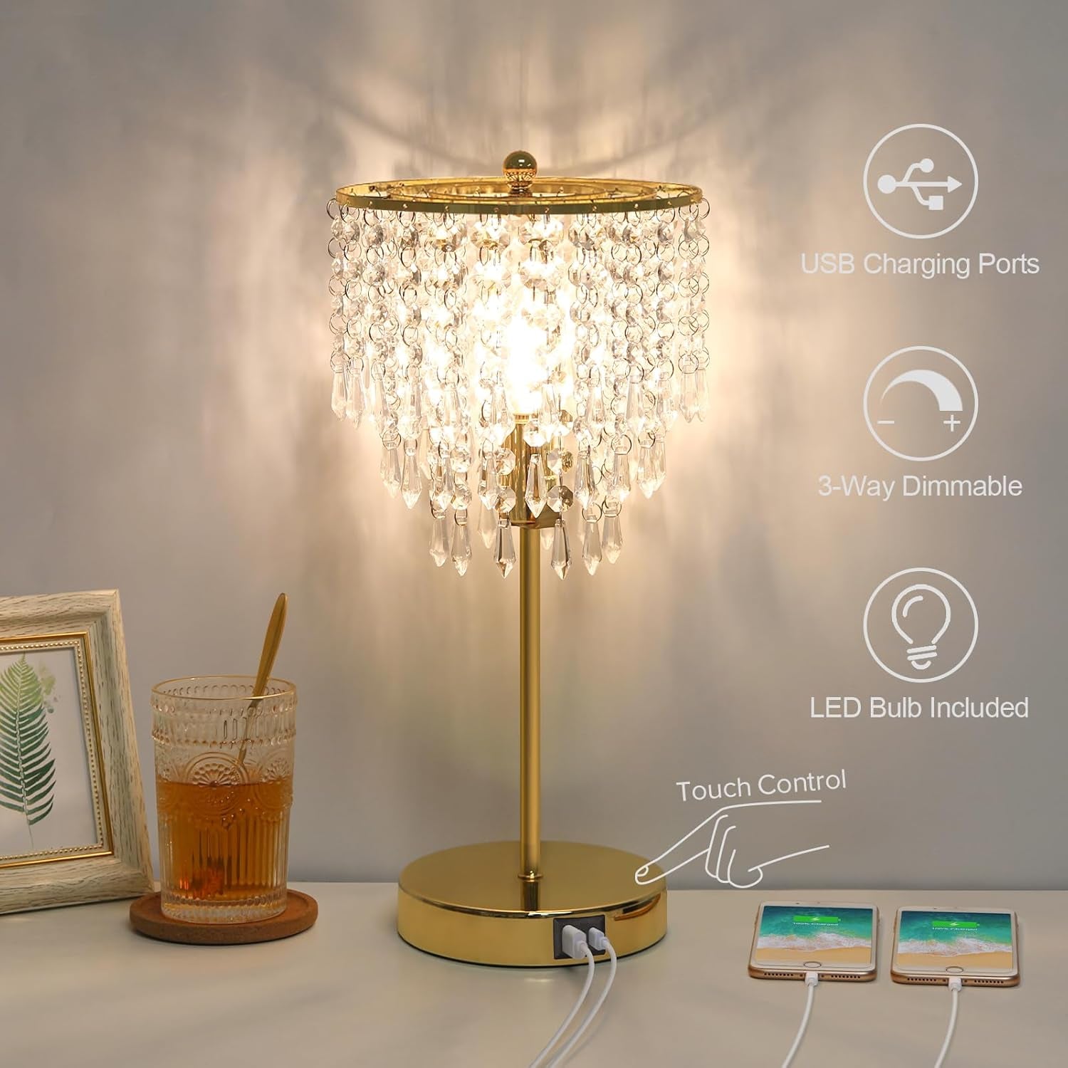 Touch Control Crystal Table Lamp with USB C+A Ports, 3-Way Dimmable Gold Lamp, Bedside Light with Crystal Shade, Girls Lamp for Bedroom, Living Room, Teens Room, Dresser, 6W LED Bulb Included