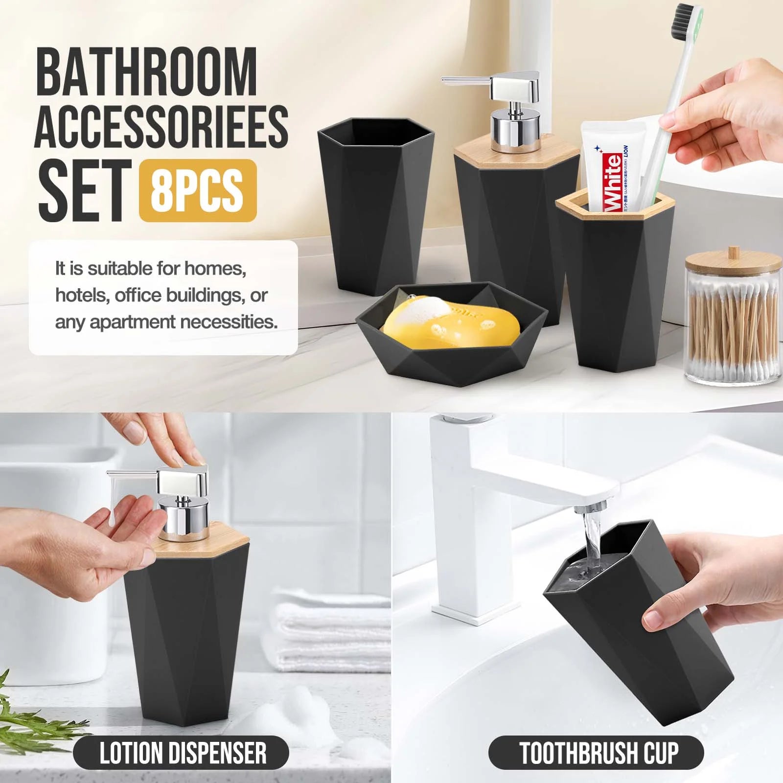 8Pcs Black Bathroom Accessories Set, Bamboo & Plastic, Ideal for Small Spaces