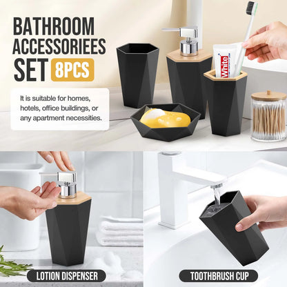 8Pcs Black Bathroom Accessories Set, Bamboo & Plastic, Ideal for Small Spaces