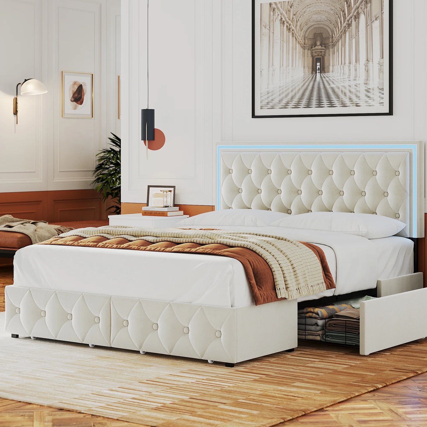 Queen LED Bed with 4 Drawers, LED Lights Platform Storage Bed Frame with Upholstered Adjustable Button Tufted Headboard, Velvet Beige