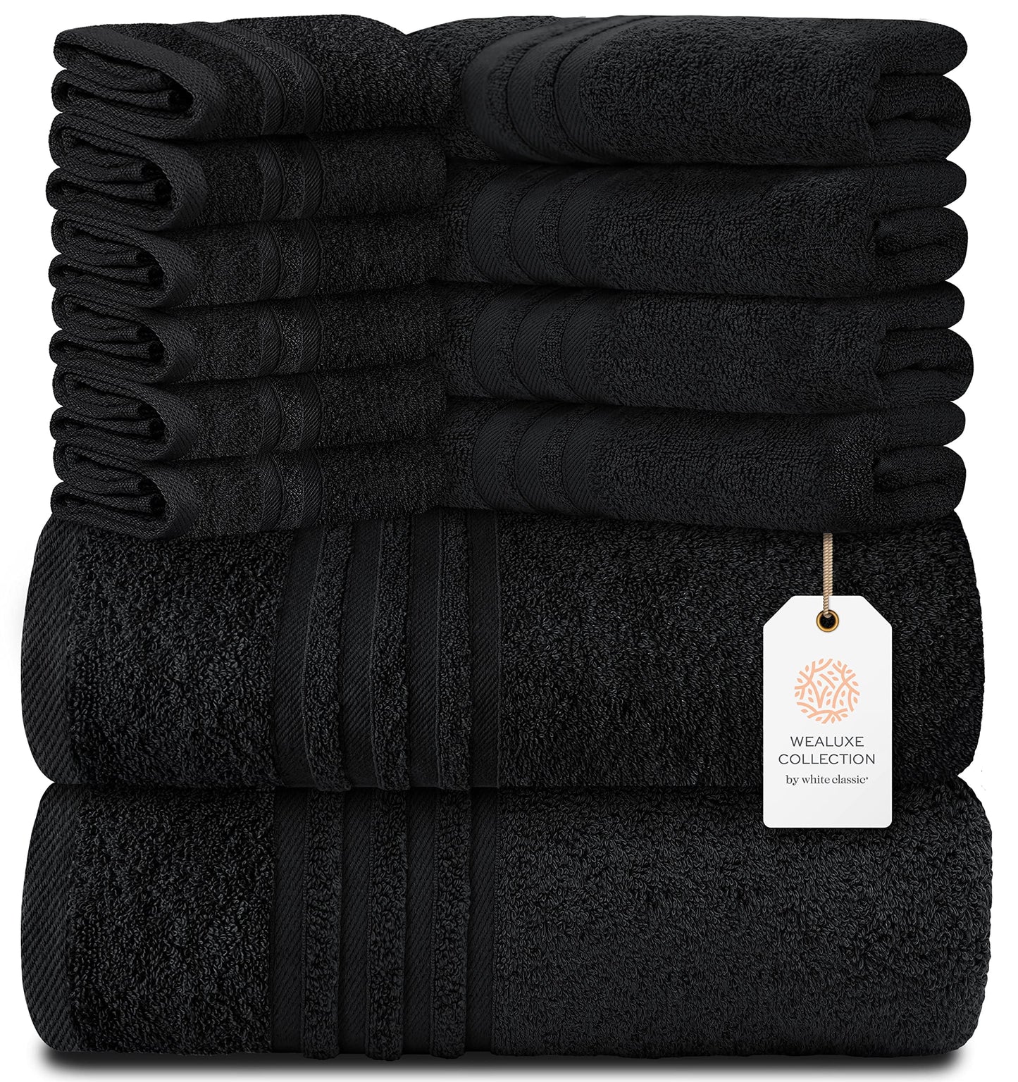 12 Piece Bath Towel Set for Bathroom - Wealuxe Collection 2 Bath Towels, 4 Hand Towels, 6 Washcloths 100% Cotton Soft and Plush Highly Absorbent, Soft Towel for Hotel & Spa - Black