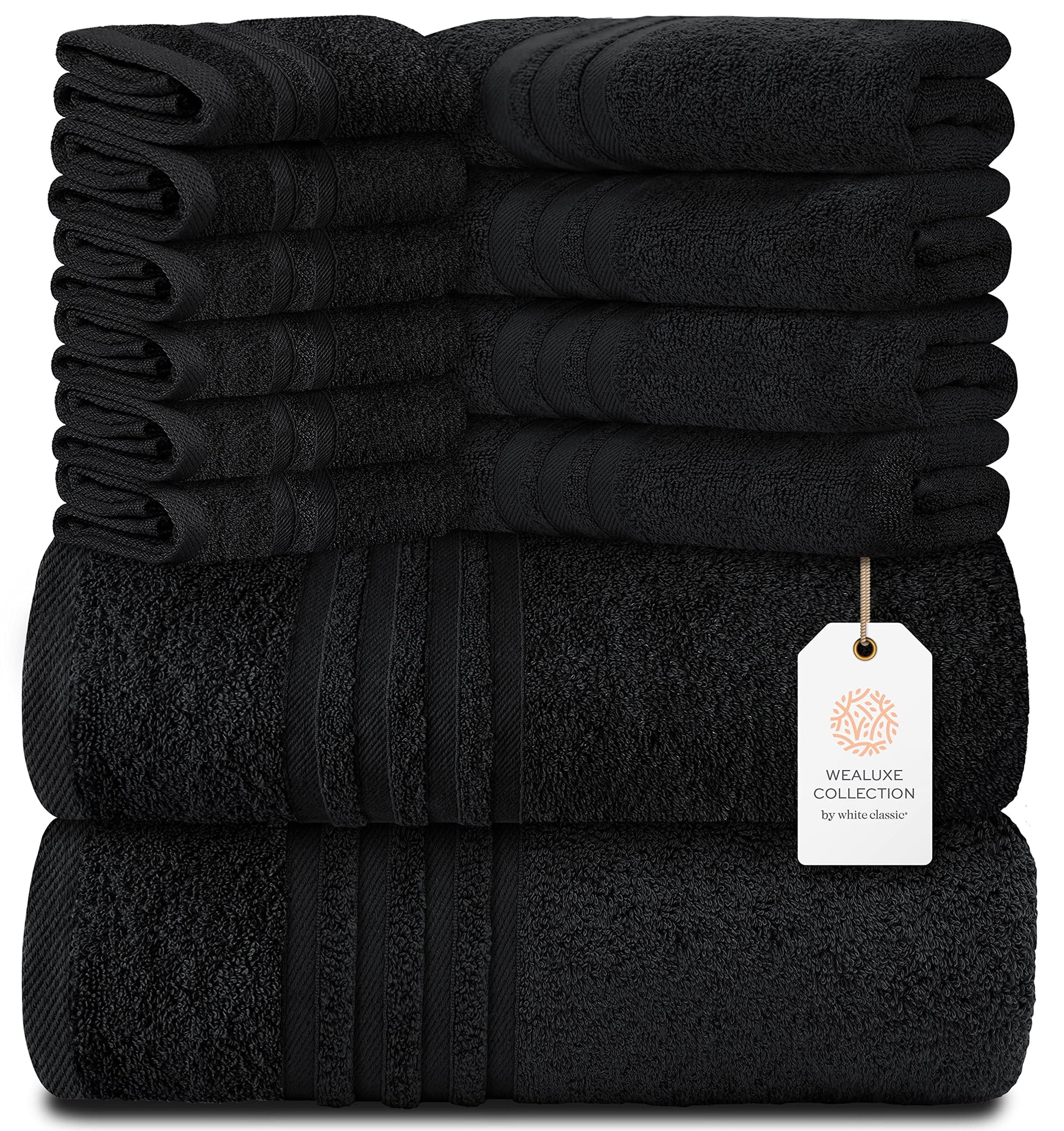 12 Piece Bath Towel Set for Bathroom - Wealuxe Collection 2 Bath Towels, 4 Hand Towels, 6 Washcloths 100% Cotton Soft and Plush Highly Absorbent, Soft Towel for Hotel & Spa - Black