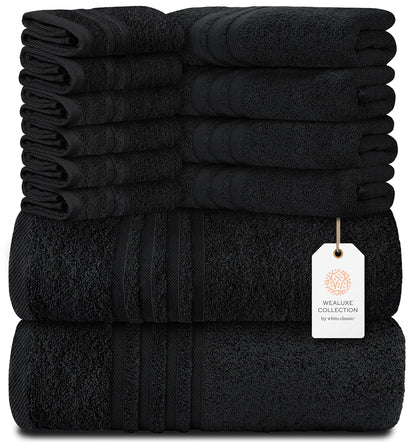 12 Piece Bath Towel Set for Bathroom - Wealuxe Collection 2 Bath Towels, 4 Hand Towels, 6 Washcloths 100% Cotton Soft and Plush Highly Absorbent, Soft Towel for Hotel & Spa - Black