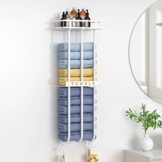 Wall Towel Rack for Rolled Towels, New Upgrade Towel Racks for Bathroom Wall Mounted, Bathroom Bar Towel Storage, Metal Bath Towel Holder for Bathroom Wall Mounted, White
