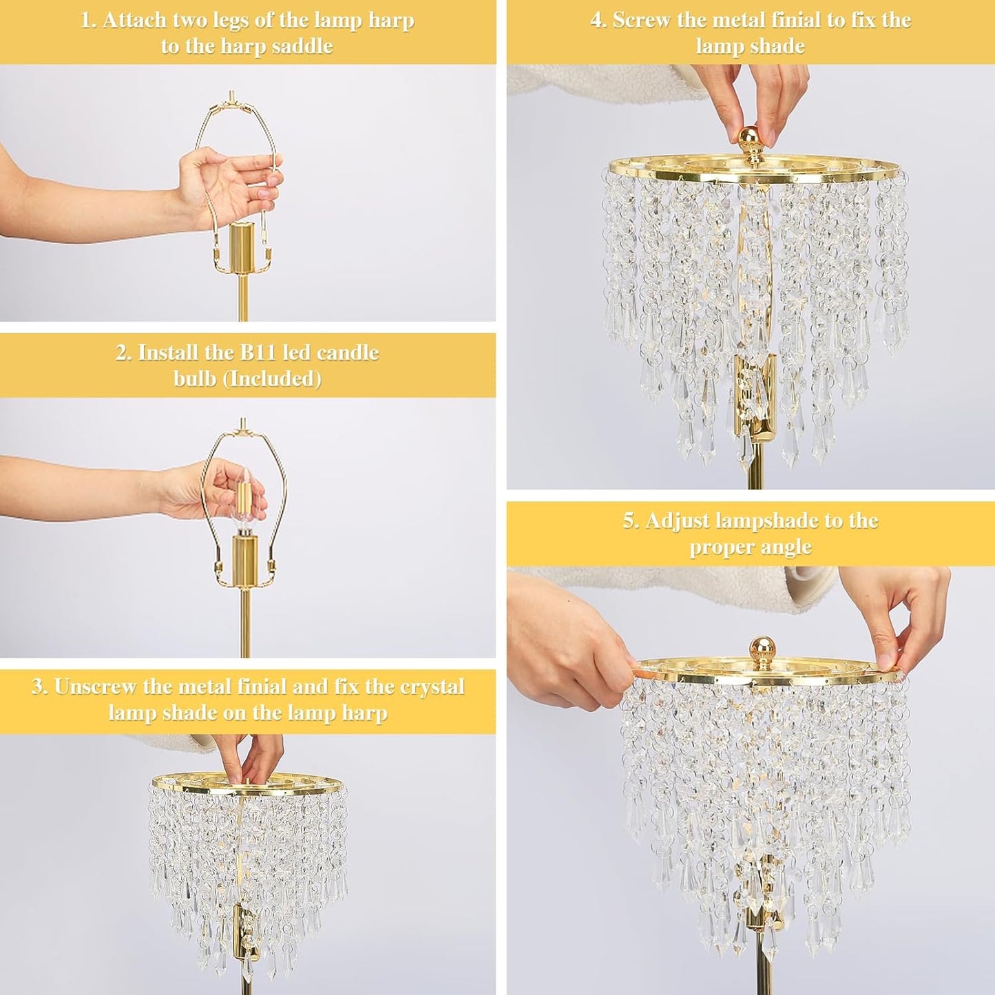 Touch Control Crystal Table Lamp with USB C+A Ports, 3-Way Dimmable Gold Lamp, Bedside Light with Crystal Shade, Girls Lamp for Bedroom, Living Room, Teens Room, Dresser, 6W LED Bulb Included