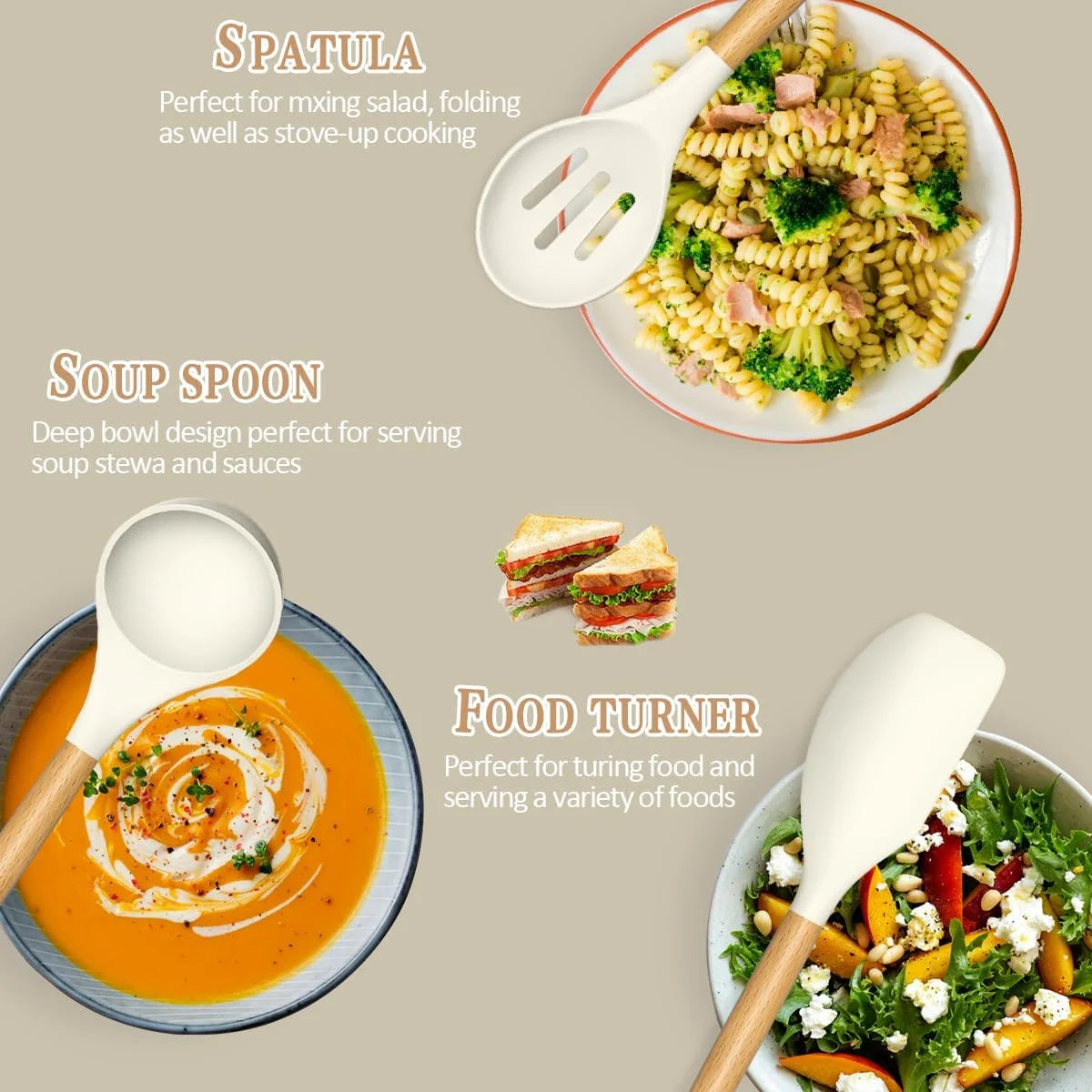 Kitchen Cooking Utensils Set, 33 Pcs Non-Stick Silicone Cooking Kitchen Utensils Spatula Set with Holder, Wooden Handle Silicone Kitchen Gadgets Utensil Set (Cream White)