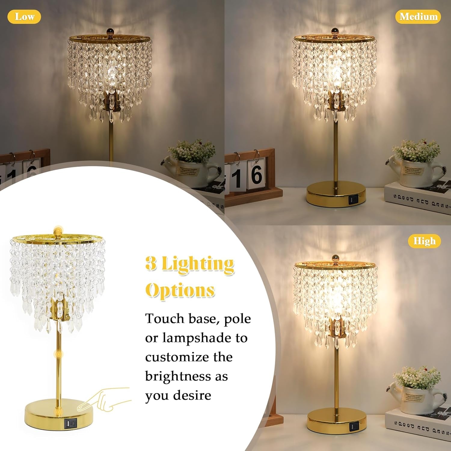 Touch Control Crystal Table Lamp with USB C+A Ports, 3-Way Dimmable Gold Lamp, Bedside Light with Crystal Shade, Girls Lamp for Bedroom, Living Room, Teens Room, Dresser, 6W LED Bulb Included