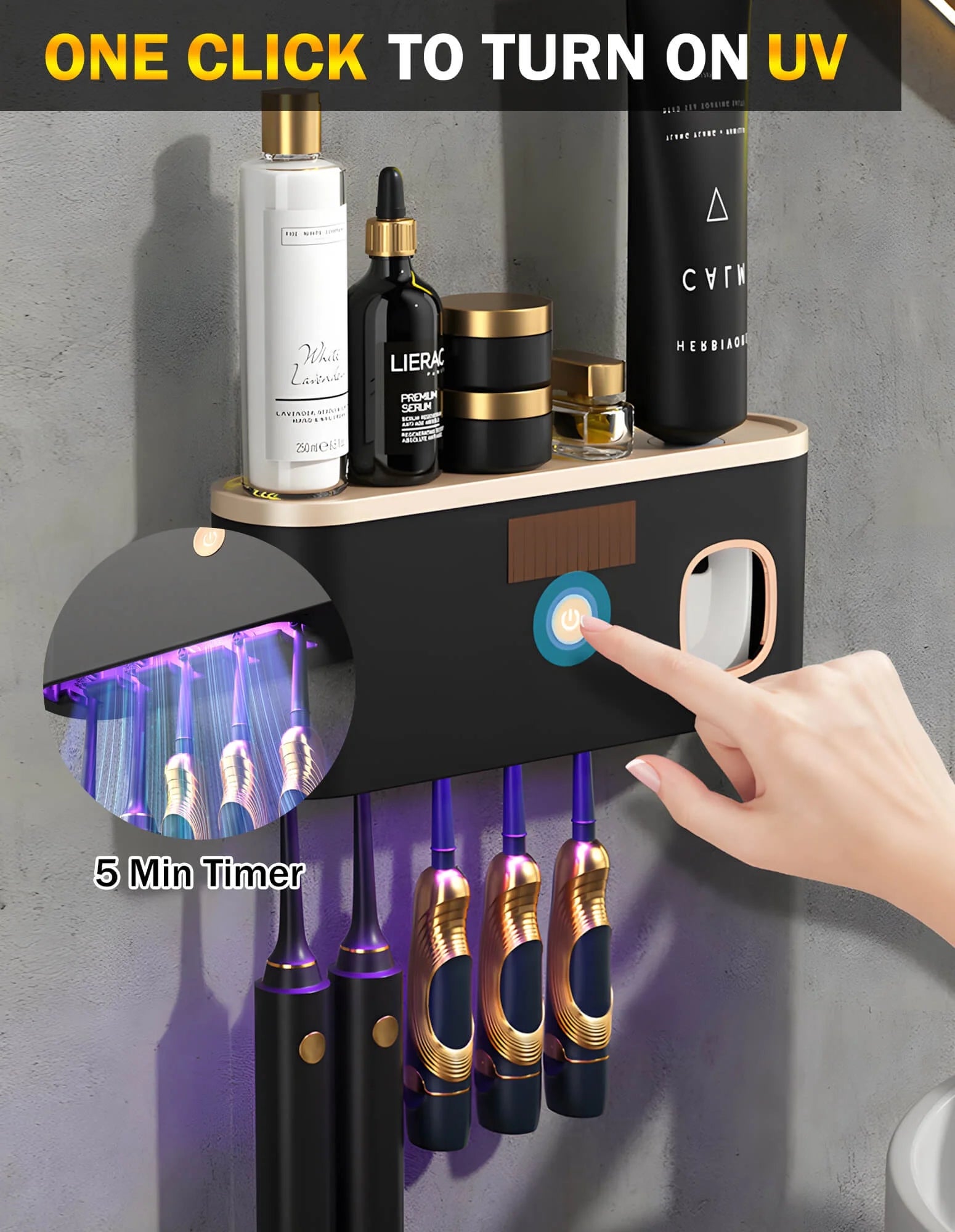 UV Toothbrush Sanitizer Wall Mounted with Toothpaste Dispenser, Large Capacity Tray, Tooth Brushing Holder & Bathroom Accessories