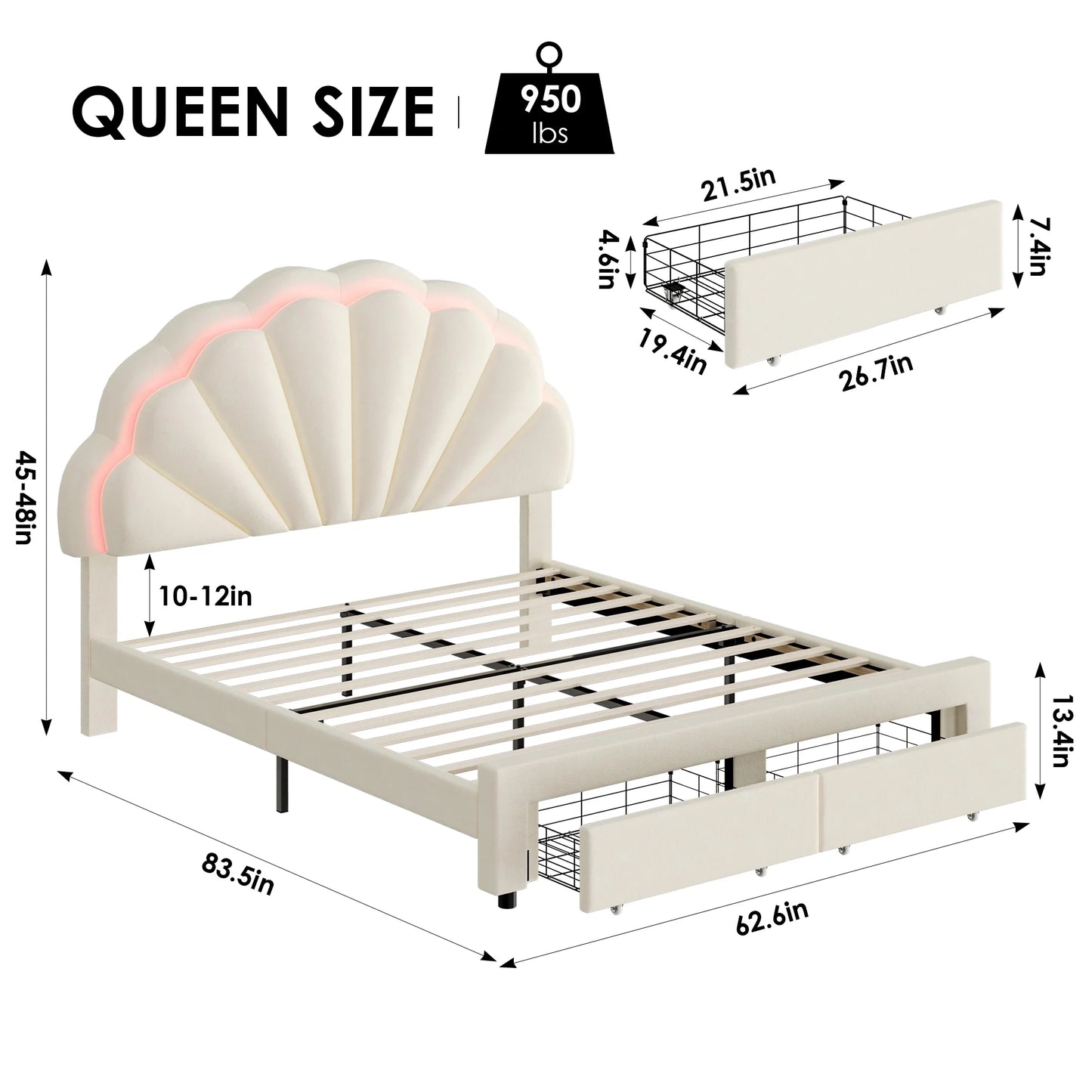 Modern Queen Bed Frame with 2 Drawers, LED Lights Platform Bed Frame with Upholstered Tufted Adjustable Headboard, Beige