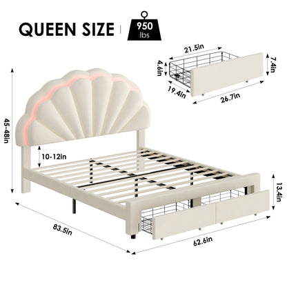 Modern Queen Bed Frame with 2 Drawers, LED Lights Platform Bed Frame with Upholstered Tufted Adjustable Headboard, Beige