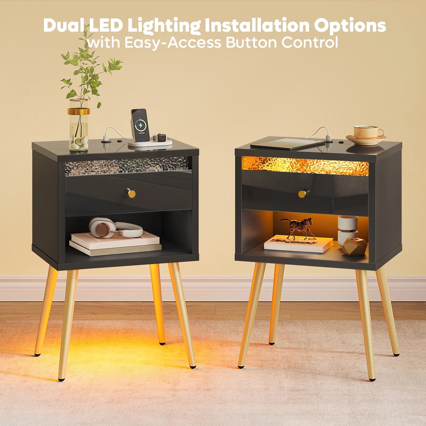 LED Nightstand with Charging Station, Modern End Side Table with Drawer and Open Storage for Bedroom, Black