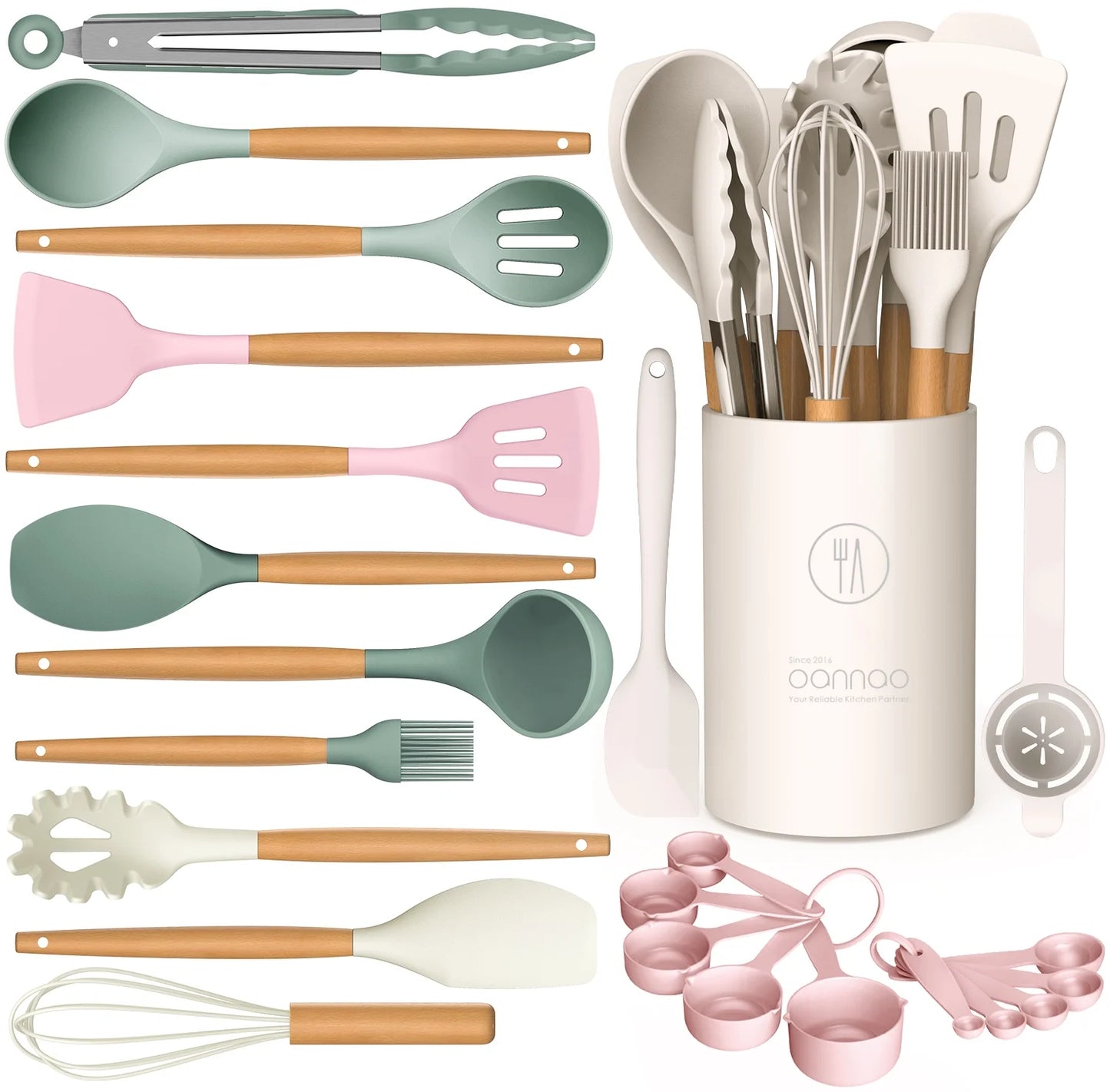 Silicone Cooking Utensils Set - Silicone Kitchen Utensils for Cooking Wooden Handles, 446°F Heat Resistant Kitchen Utensil Spatula Sets W Holder, Gadgets for Non-Stick Cookware BPA FREE (Black)