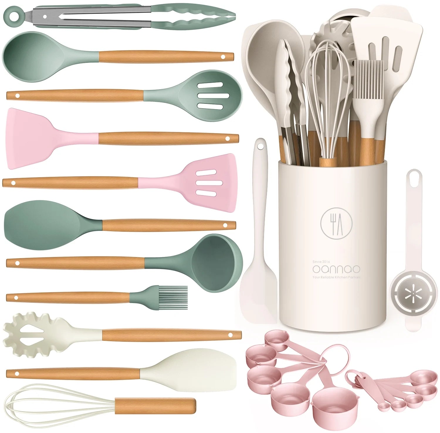 Silicone Cooking Utensils Set - Silicone Kitchen Utensils for Cooking Wooden Handles, 446°F Heat Resistant Kitchen Utensil Spatula Sets W Holder, Gadgets for Non-Stick Cookware BPA FREE (Black)