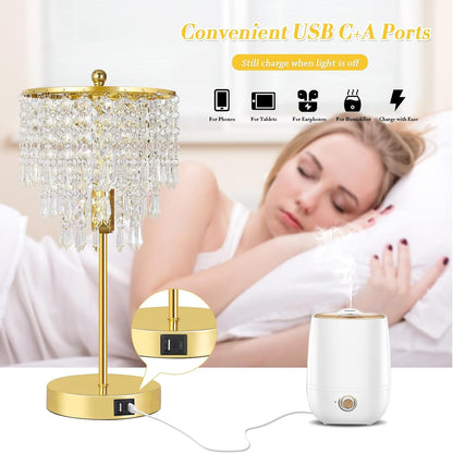 Touch Control Crystal Table Lamp with USB C+A Ports, 3-Way Dimmable Gold Lamp, Bedside Light with Crystal Shade, Girls Lamp for Bedroom, Living Room, Teens Room, Dresser, 6W LED Bulb Included