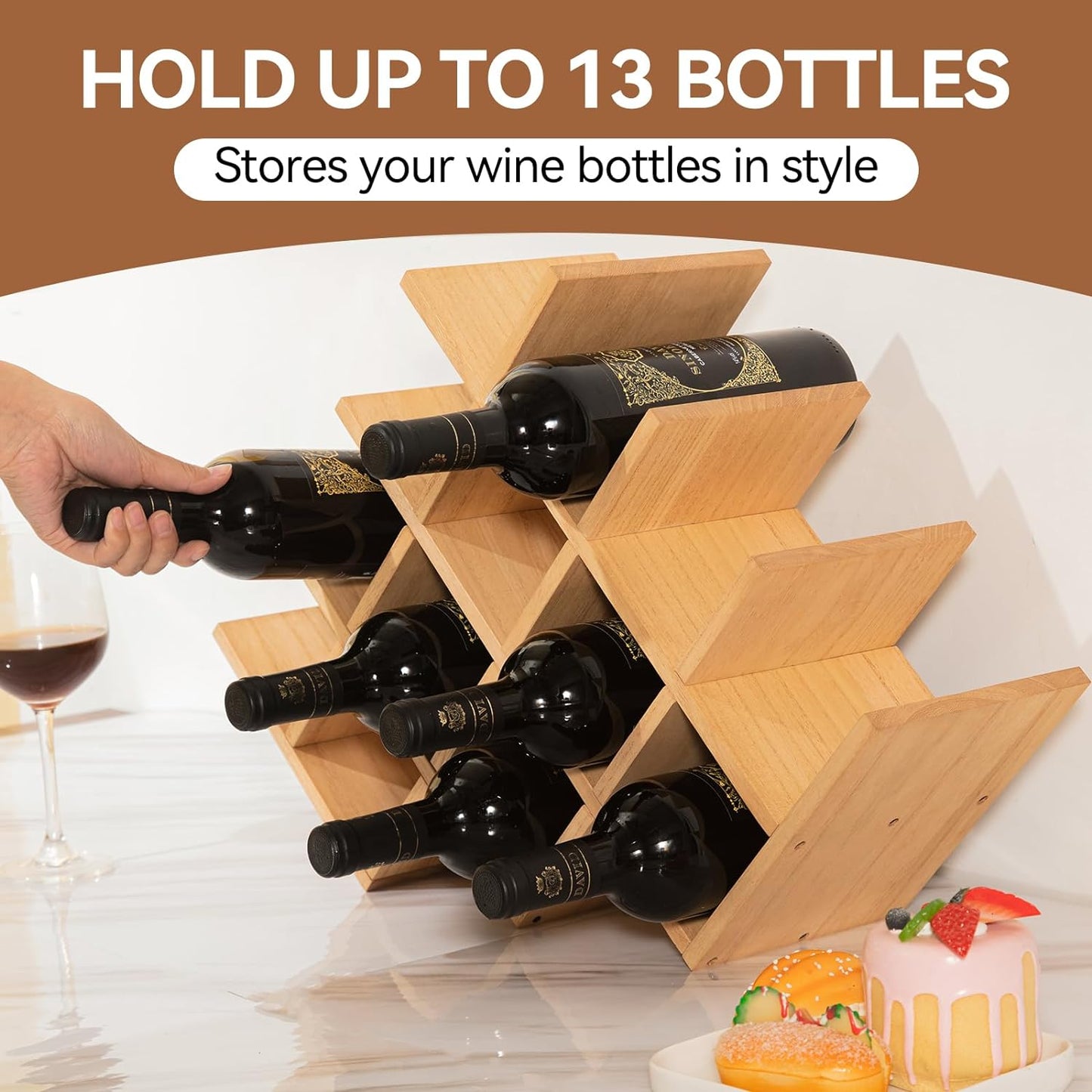 Wooden 13-Bottle Wine Rack - Nature Wood 4-Tier Wine Display Rack/Free Standing and Countertop Storage Shelf - Bottle Holder/Cabinet Glass XHJJ4-NA