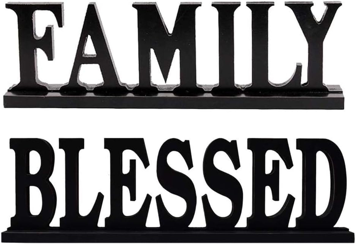 Blessed Family Wooden Free Standing Sign - Home Decor Wood Letter Cut Out Tabletop Fireplace Mantel Centerpiece