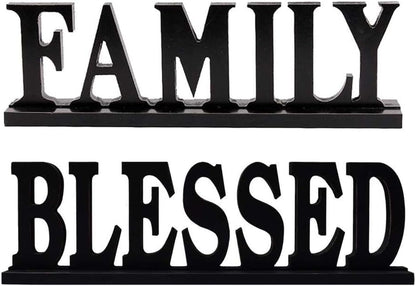 Blessed Family Wooden Free Standing Sign - Home Decor Wood Letter Cut Out Tabletop Fireplace Mantel Centerpiece