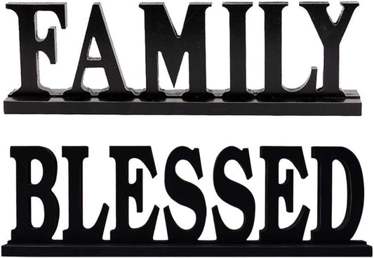 Blessed Family Wooden Free Standing Sign - Home Decor Wood Letter Cut Out Tabletop Fireplace Mantel Centerpiece