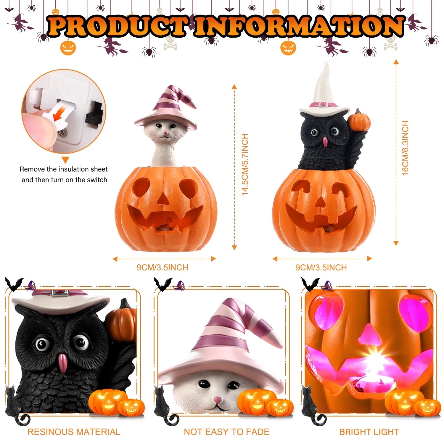 Halloween Figurines Set of 2, Cat and Owl on Pumpkin Decor with LED Lights for Halloween Decorations Indoor