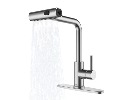 Kitchen Faucet, Waterfall Kitchen Faucet with Pull down Sprayer, 3 Modes Sprayer Kitchen Sink Faucet Single Lever Handle Faucet for Kitchen Sink, Brushed Nickel