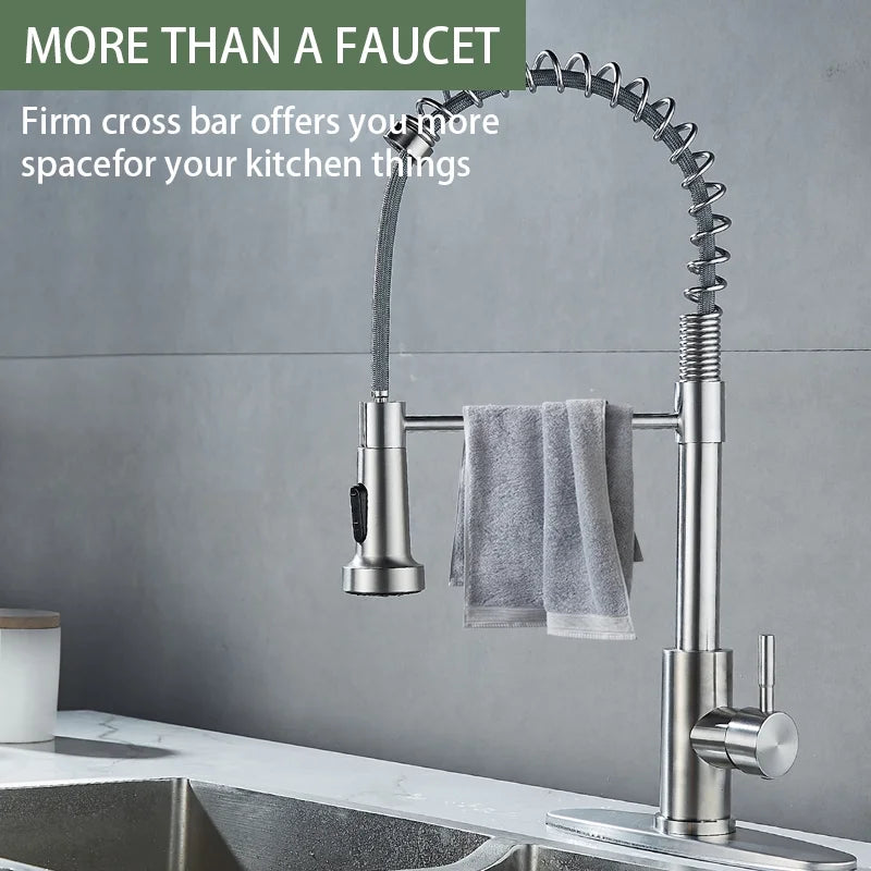 Kitchen Sink Faucet, Kitchen Faucets with Pull down Sprayer Stainless Steel Single Handle Single Hole Brushed Nickel Commercial Industrial Spring Pull Out Laundry Farmhouse Kitchen Faucet