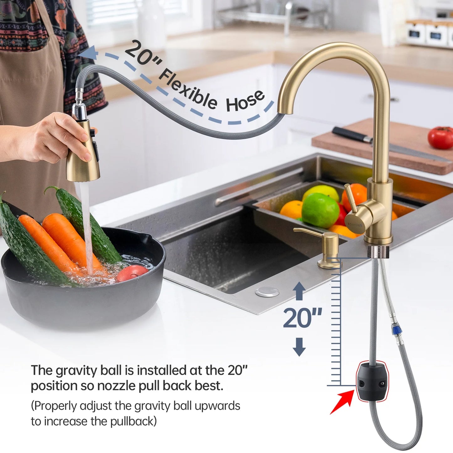 Brushed Gold 2 Hole Kitchen Faucet with Pull down 3 Modes Sprayer, Champagne Gold Kitchen Sink Faucet, High Arch Faucet Kitchen for 1 or 2 Hole Sink, Gold Kitchen Faucet with Soap Dispenser