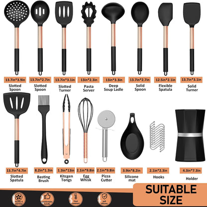 Silicone Cooking Utensil Set,  Kitchen Utensils with Copper Stainless Steel Handle, 26 Pcs Kitchen Spatula Set, Non-Stick Heat Resistant Silicone, Best Kitchen Gadget Tools Set - Black