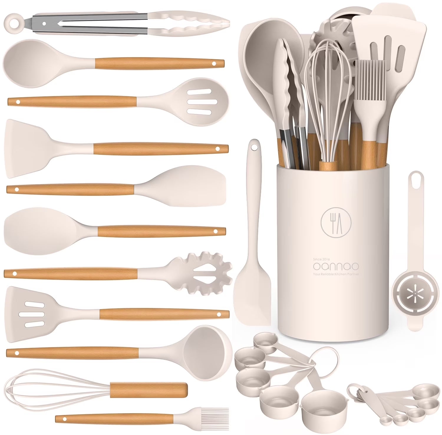 Silicone Cooking Utensils Set - Silicone Kitchen Utensils for Cooking Wooden Handles, 446°F Heat Resistant Kitchen Utensil Spatula Sets W Holder, Gadgets for Non-Stick Cookware BPA FREE (Black)