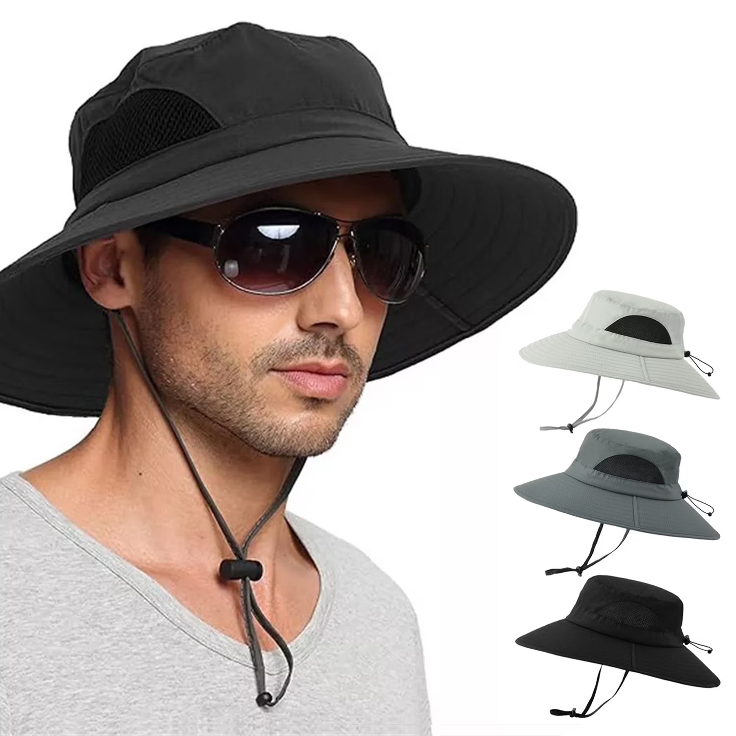 Waterproof Sun UPF 50+ Bucket Hat for Men Women,  UV Protection Packable Brimmed Boonie for Fishing Hiking Outdoor Cap - Black