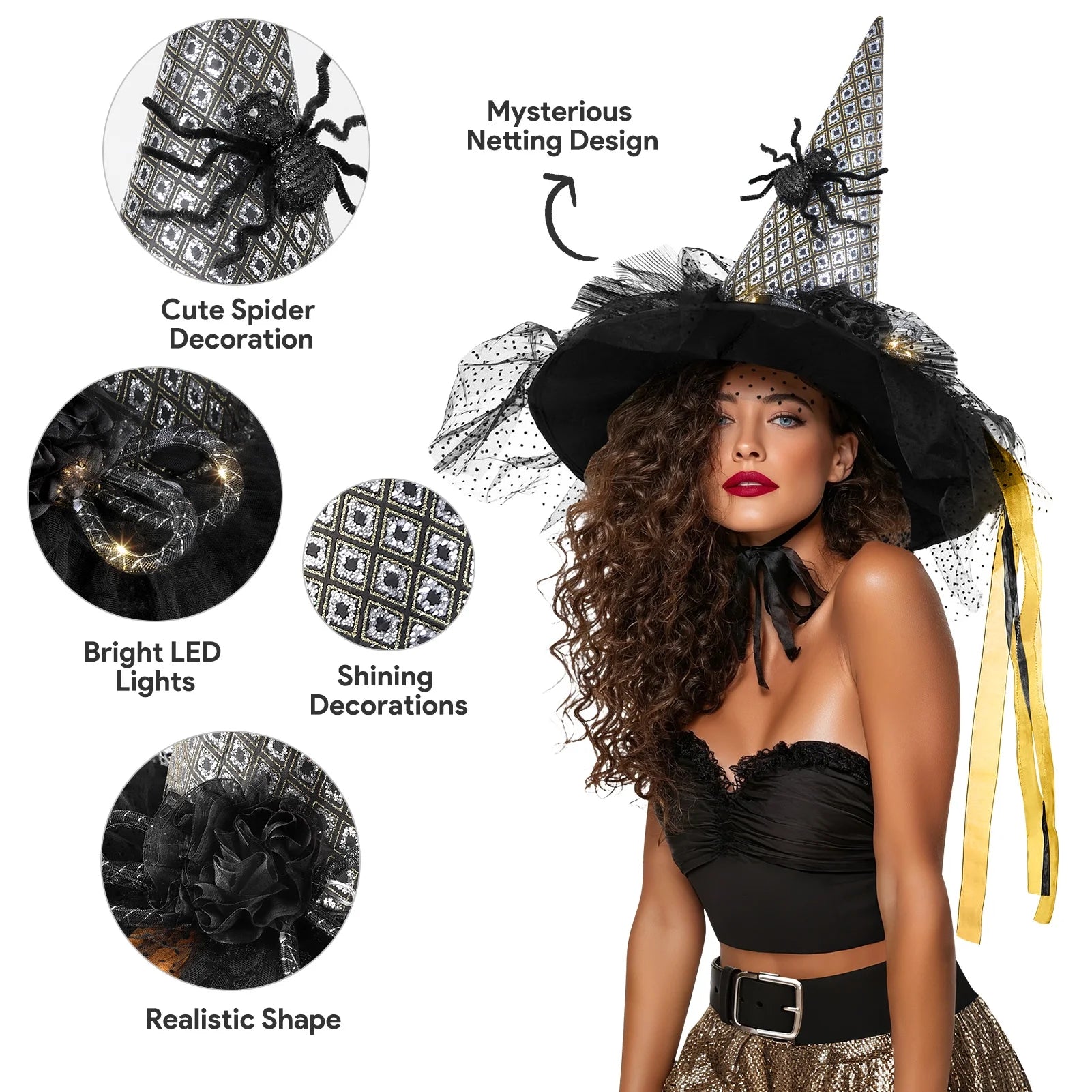 Halloween Witch Hats for Women with Lamp Cosplay Party Halloween Costume Accessory Black